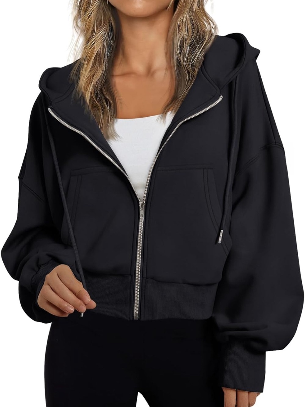 EFAN Black Zip-Front Hooded Crop Jacket